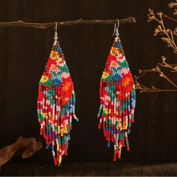 Handmade Flower Pattern Beads Tassel Drop Earring - Picture 1 of 2